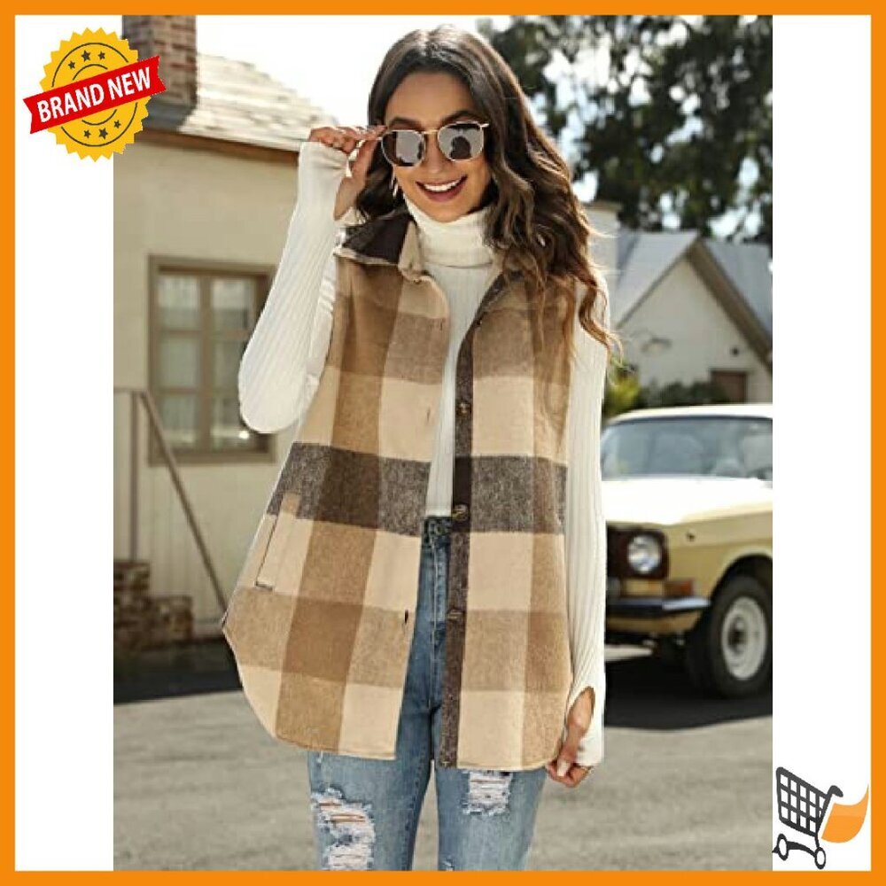 Women's Flannel Plaid Vest Sleeveless Button Down Shirt Jacket Pockets - Picture 4 of 8